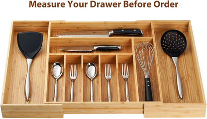 Umilife Bamboo Kitchen Drawer Organizer, 13 Inch Silverware Utensil Tray Holder, Extra Deep Grooved Drawer Divider, 7 Slots Total Bamboo Wood Caddy for Flatware Cutlery Knives, Forks, Spoons