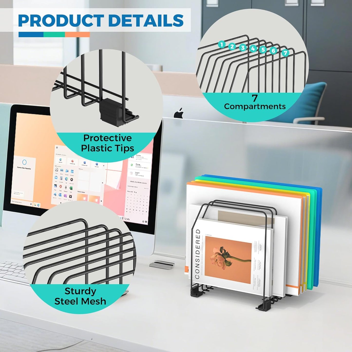 Gawerk File Organizer for Desk, 7-Section Vertical File Sorter, Paper Holder Organizer Standing Metal File Folder for Office Home Classroom, Black