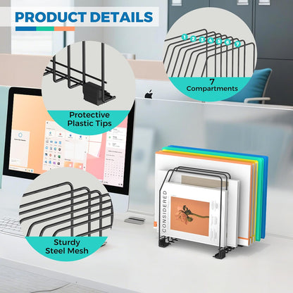 Gawerk File Organizer for Desk, 7-Section Vertical File Sorter, Paper Holder Organizer Standing Metal File Folder for Office Home Classroom, Black