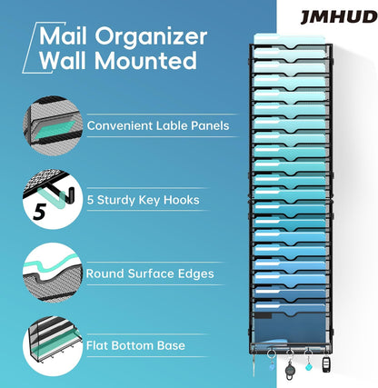 5 Tier Wall File Organizer - Hanging File Organizer with 5 Hooks, Mail Holder Wall Mounted for Papers, Folders, Magazines, Bills, Office&School Organization, Black