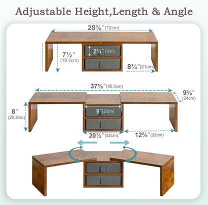 TEAMIX Dual Monitor Stand Riser with 2 Drawers-Length and Angle Adjustable 3 Shelf Monitor Riser with Storage Desk Organizer Large Computer Monitor Stand for 2 Monitors/Laptop/PC,Wood Screen/TV Stand