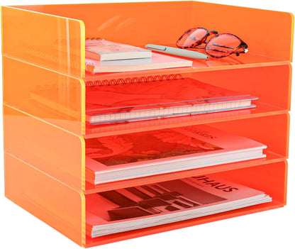 Gelite Acrylic File Organizer for Desk 4 Tiered Stackable Letter Tray Office Paper Storage Desktop Document Sorter, Neon Pink