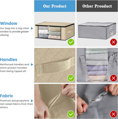 HomeHacks Storage 3-Pack Clothes Organizer Storage Bags Foldable Storage Box with Large Clear Window Sturdy Handles for Closet, Dorm, Pillows, Bedding, Clothes, Blankets, 35L, Gray