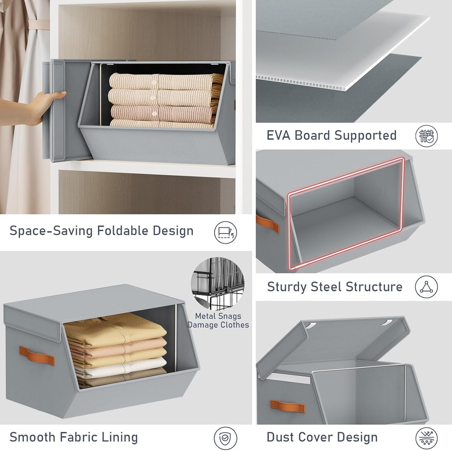 Stackable Closet Organizers and Storage Bins, Open Front Closet Shelf Organizer System With Steel Frame, Clothes Storage Basket Fabric, Collapsible Closet Drawers for Wardrobe, Nursery ,Toy, 4 Pack