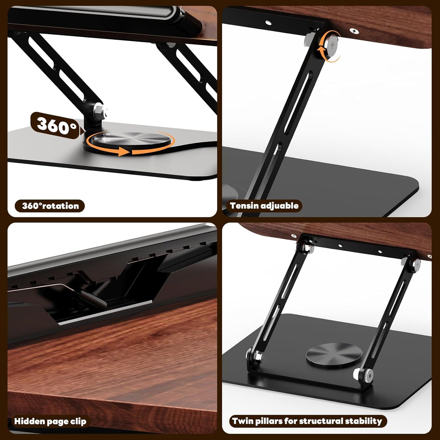 Abiglifty Book Stand for Reading,Adjustable Book Holder with 360° Rotating Base,Foldable Book Holder Stand for Cookbook,Textbook,Tablets, Laptops (Dark Wood)