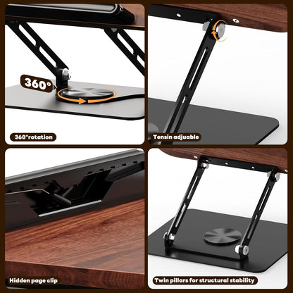 Abiglifty Book Stand for Reading,Adjustable Book Holder with 360° Rotating Base,Foldable Book Holder Stand for Cookbook,Textbook,Tablets, Laptops (Dark Wood)