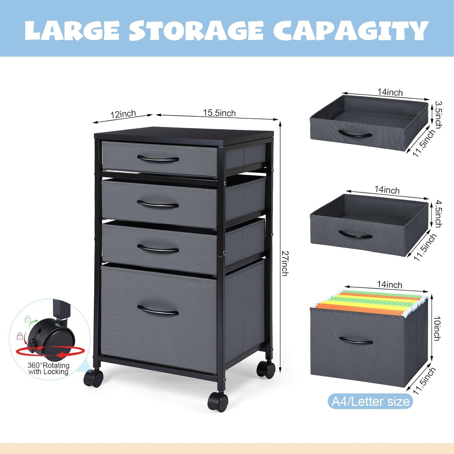 Chunful 4 Drawer Rolling File Cabinet Mobile Printer Stand Metal Cart with Fabric Vertical Filing Chest Wheels A4 Letter Size Under Desk Utility Craft Storage Organizer for Home Office School(Grey)