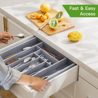 Pipishell Bamboo Expandable Silverware Drawer Organizer, Adjustable Kitchen Utensil Tray for Forks, Spoons and Knives, Wood Storage Cutlery Holder for Bedroom and Living Room