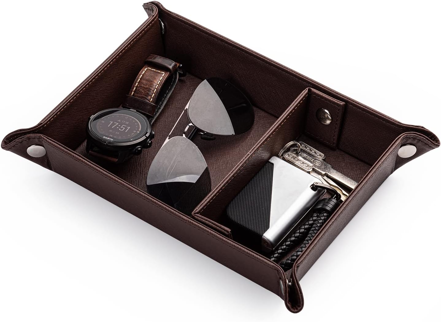 BONNY DODO Valet Tray for Men PU Leather Tray Organizer with Partition, Storage Keys, Watch & Practical Storage for Table Nightstand Living Room Bedroom (Dark Brown-Square)