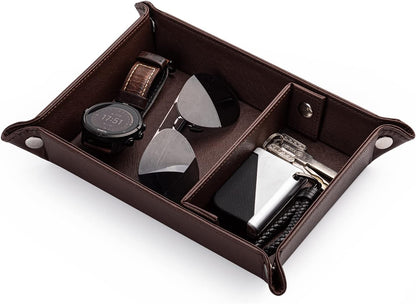 BONNY DODO Valet Tray for Men PU Leather Tray Organizer with Partition, Storage Keys, Watch & Practical Storage for Table Nightstand Living Room Bedroom (Dark Brown-Square)