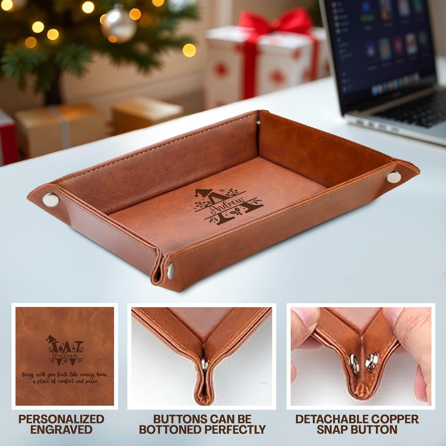 Personalized Engraved Leather Tray for Men with Engraved Name, PU Leather Valet Organizer for Dad, Custom Gift for Him, Custom Catchall Tray for Desk, Office, Accessories Travel Organizer for Men