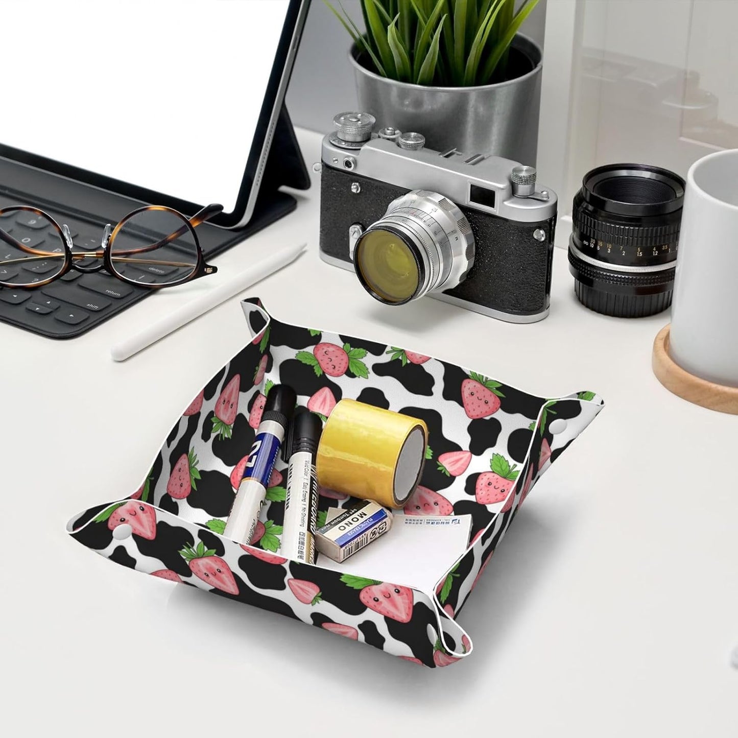 Leather Valet Tray Portable Desk Organizers for Keys Wallet Watch (Pink Rose Cactus Flamingo)