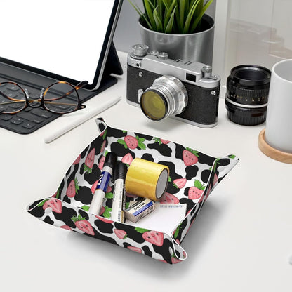 Leather Valet Tray Portable Desk Organizers for Keys Wallet Watch (Pink Rose Cactus Flamingo)