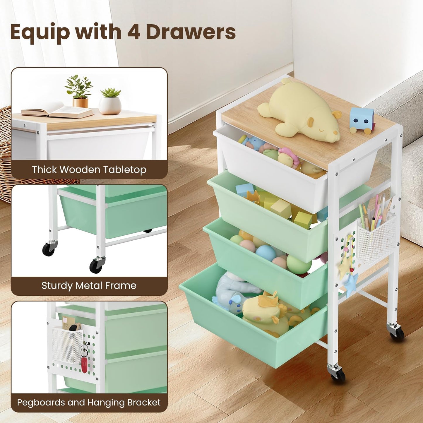 Rolling Cart with 3 Drawers, Plastic Drawer Storage Carts with Lockable Wheels & Wooden Tabletop, Metal Utility Cart Organizer, Office Bedroom Classroom Craft Organization and Storage, Bright White