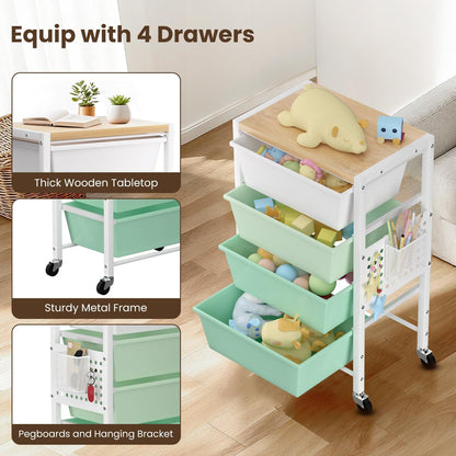 Rolling Cart with 3 Drawers, Plastic Drawer Storage Carts with Lockable Wheels & Wooden Tabletop, Metal Utility Cart Organizer, Office Bedroom Classroom Craft Organization and Storage, Bright White
