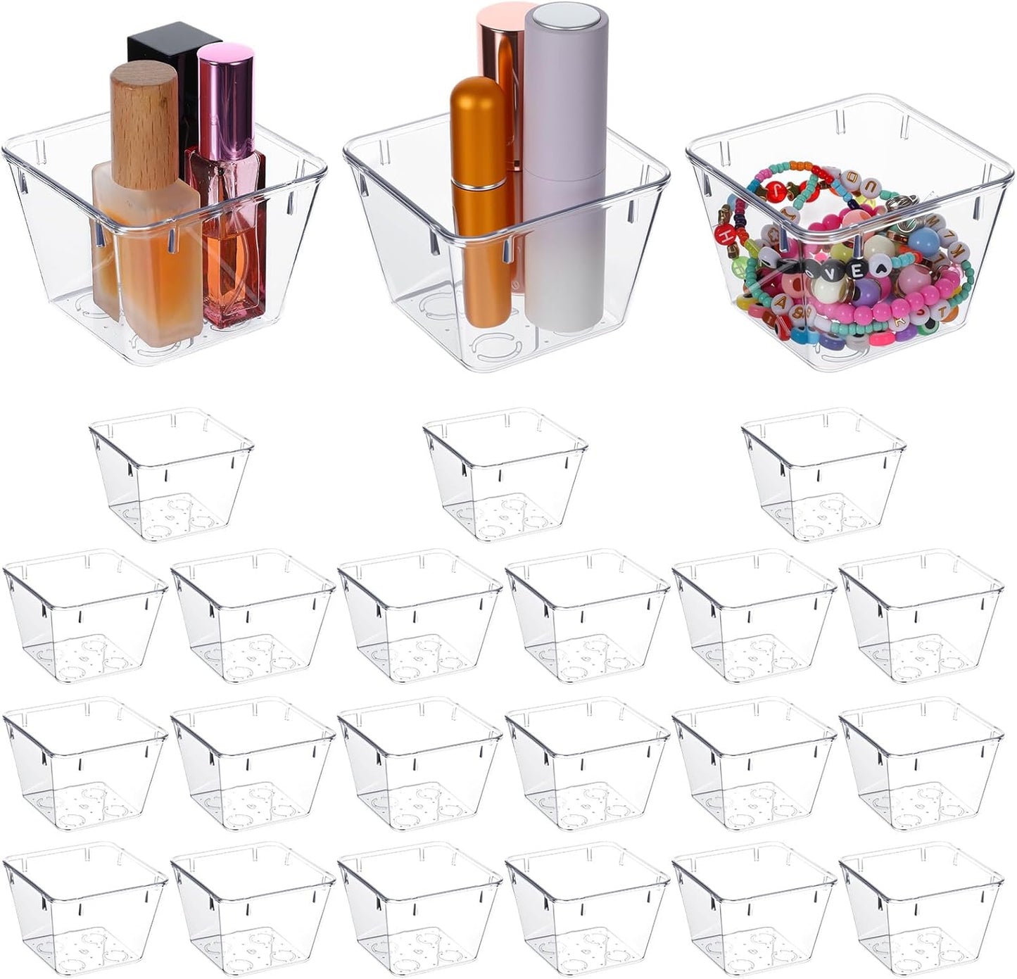 24 Pcs Clear Plastic Drawer Organizer Set, 3 x 3 x 2 Inch Stackable Storage Bins Dividers for Makeup, Office, Kitchen, Bathroom Organization