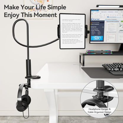 KDD Gooseneck Tablet Stand, 360° Adjustable Phone & iPad Holder for Bed and Desk, Flexible Arm Mount Clip for Video Recording, Bedside & Headboard Clamp for iPad Pro 12.9, Mini, Kindle