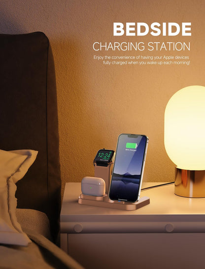 Wireless Charging Station 3 in 1 RJR Compatible with Apple Devices, Charging Dock for iWatch, Built-in Wireless Charger Stand for iPhone Series AirPods Gifts (with 18W Adapter) Graphite Black