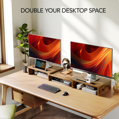 AMERIERGO Dual Monitor Stand Riser for 2 Monitors, Monitor Stand for Desk, Adjustable Computer Monitor Stand with 2 Slot, Multifunctional Desktop Organizer Stand for Laptop, PC, Computer, Printer