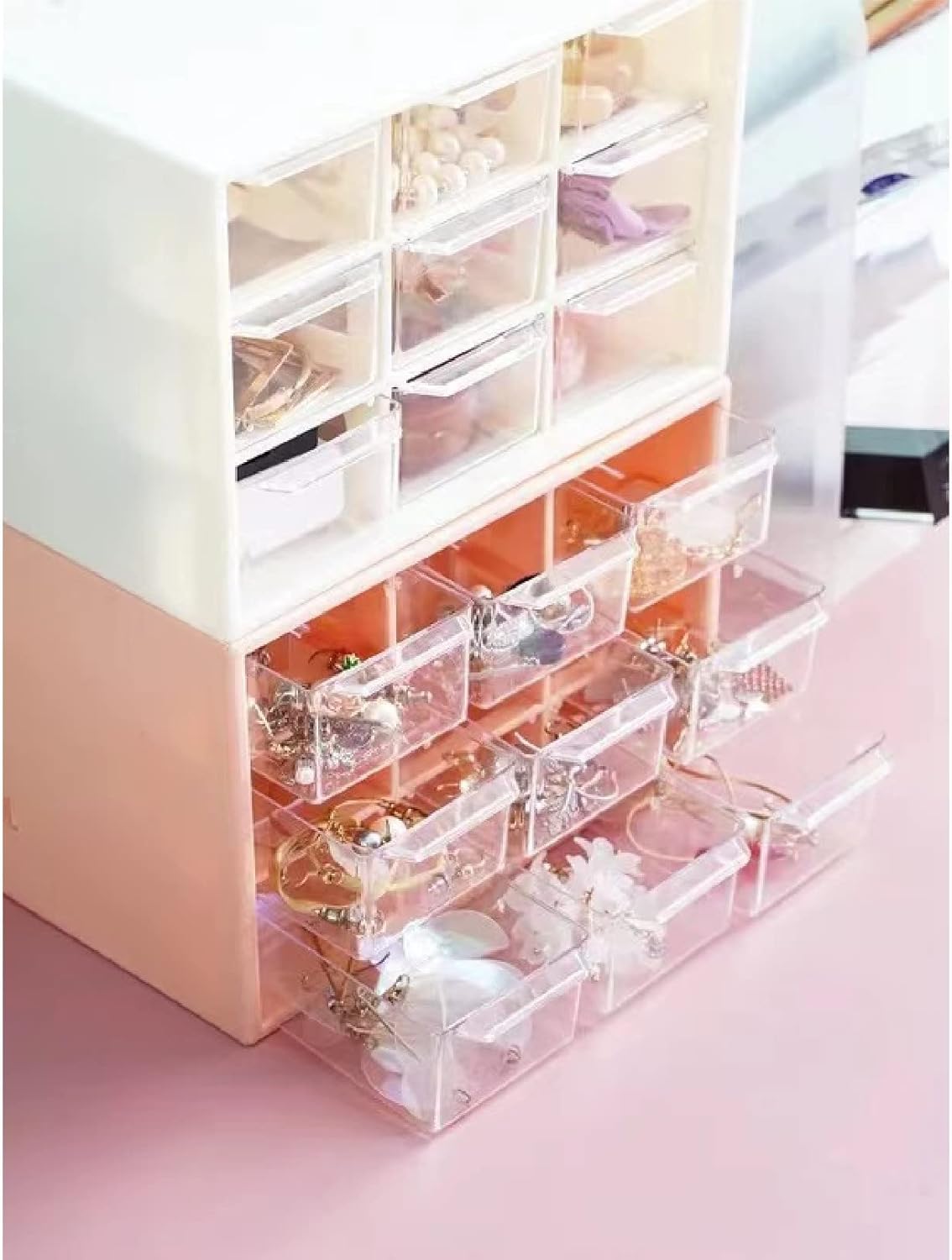 Feadily 4PCS Small Drawer Organizer for Desk, Desktop Drawer Organizer with 9 Clear Drawers, Plastic Desktop Storage Drawers 7.1 Inch x 3 .9 Inch x 4.7 Inch, White
