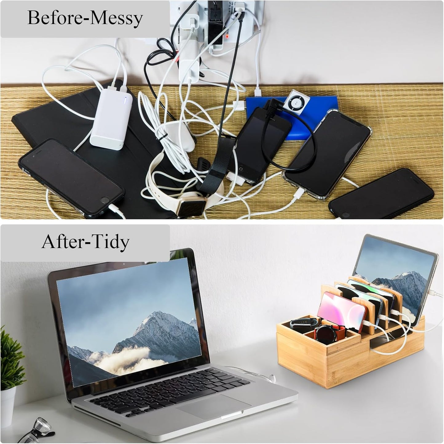 Fasmov Bamboo Charging Station, Charging Stand for Multiple Devices, Electronic Device Desktop Dock Stations Organizer, Cell Phone Docking Stations for Multi Laptop, Tablets, IPads, Watch, Earbuds