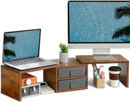 TEAMIX Dual Monitor Stand Riser with 2 Drawers-Length and Angle Adjustable 3 Shelf Monitor Riser with Storage Desk Organizer Large Computer Monitor Stand for 2 Monitors/Laptop/PC,Wood Screen/TV Stand