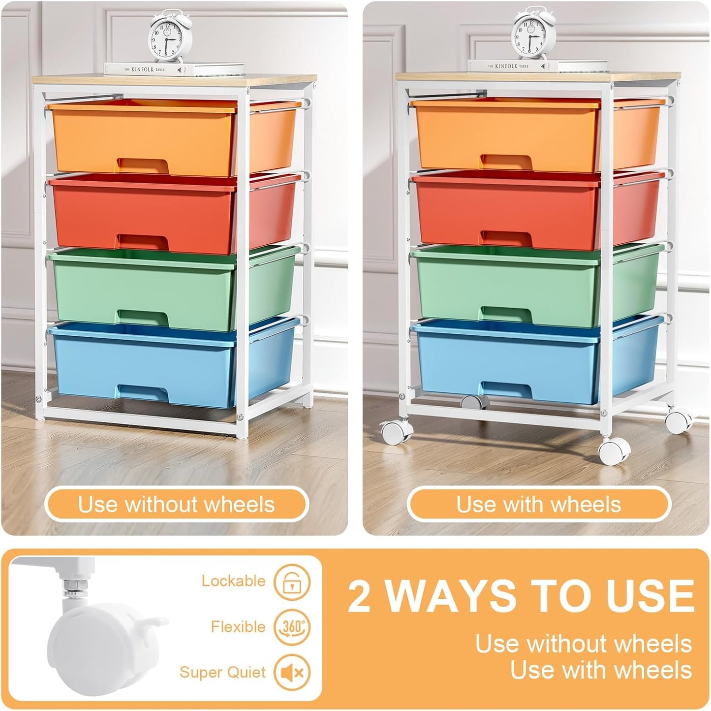 SYKIARIOL Utility Cart with 4 Drawers, Multipurpose Rolling Storage Cart with 4 Drawers and 2 Lockable Wheels, 4-Tier Rolling Storage Cart Organizer for Home Office Dorm, Bright White
