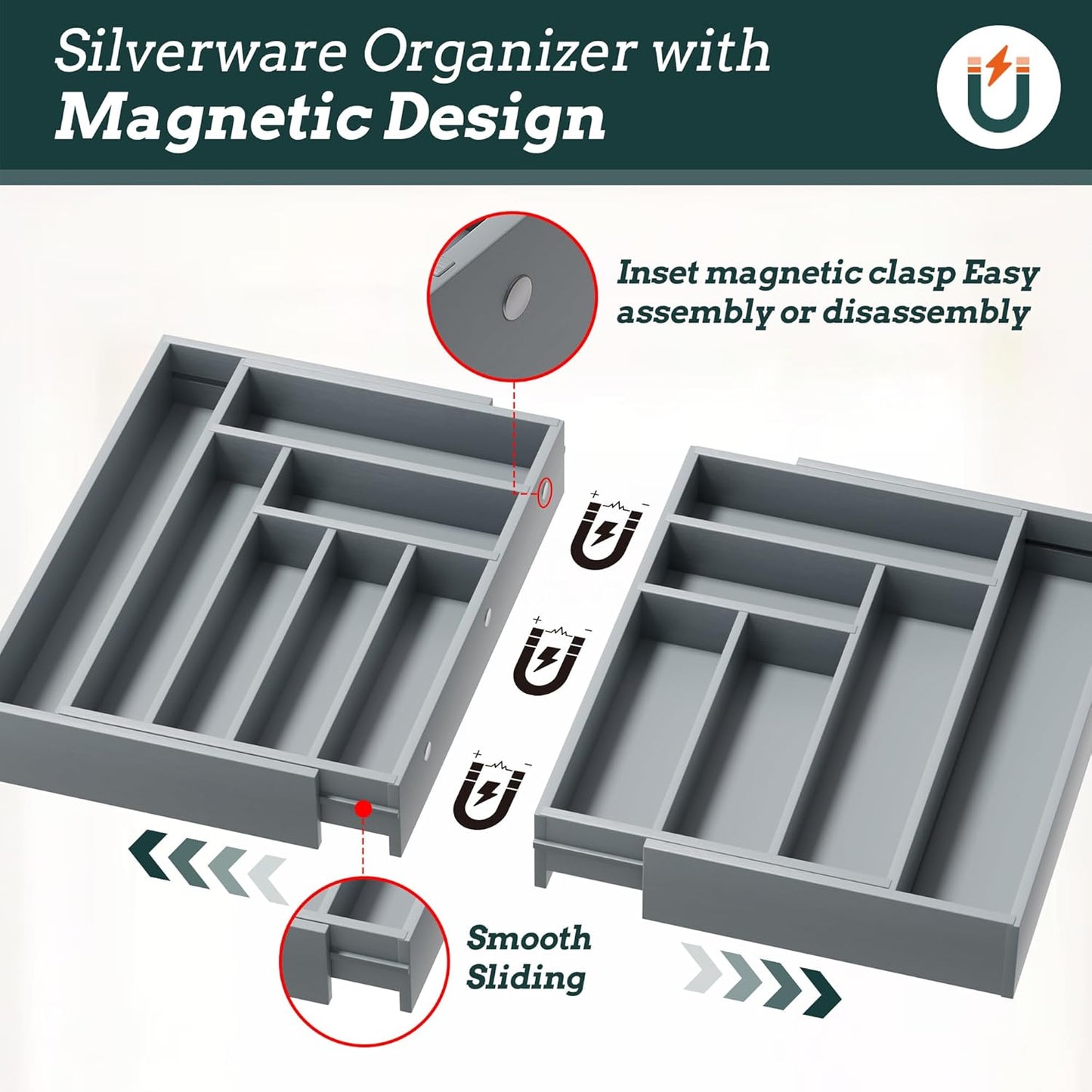 Silverware Organizer Large, Magnetic Connected Expandable 13 Slots Silverware Drawer Organizer From 21 to 37.4 Inches, Adjustable Flatware and Cutlery Holder, Bamboo Utensil Tray for Kitchen Natural