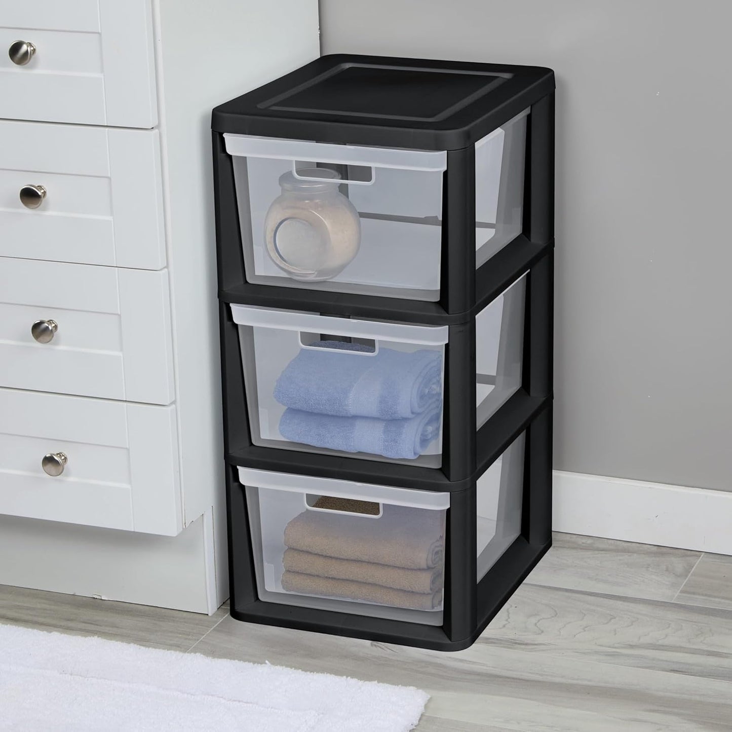 3-Drawer Storage Tower with Removable Clear Plastic Bins, Tool-Free Assembly, Multiple Sizes for Home Office (15.7"W)