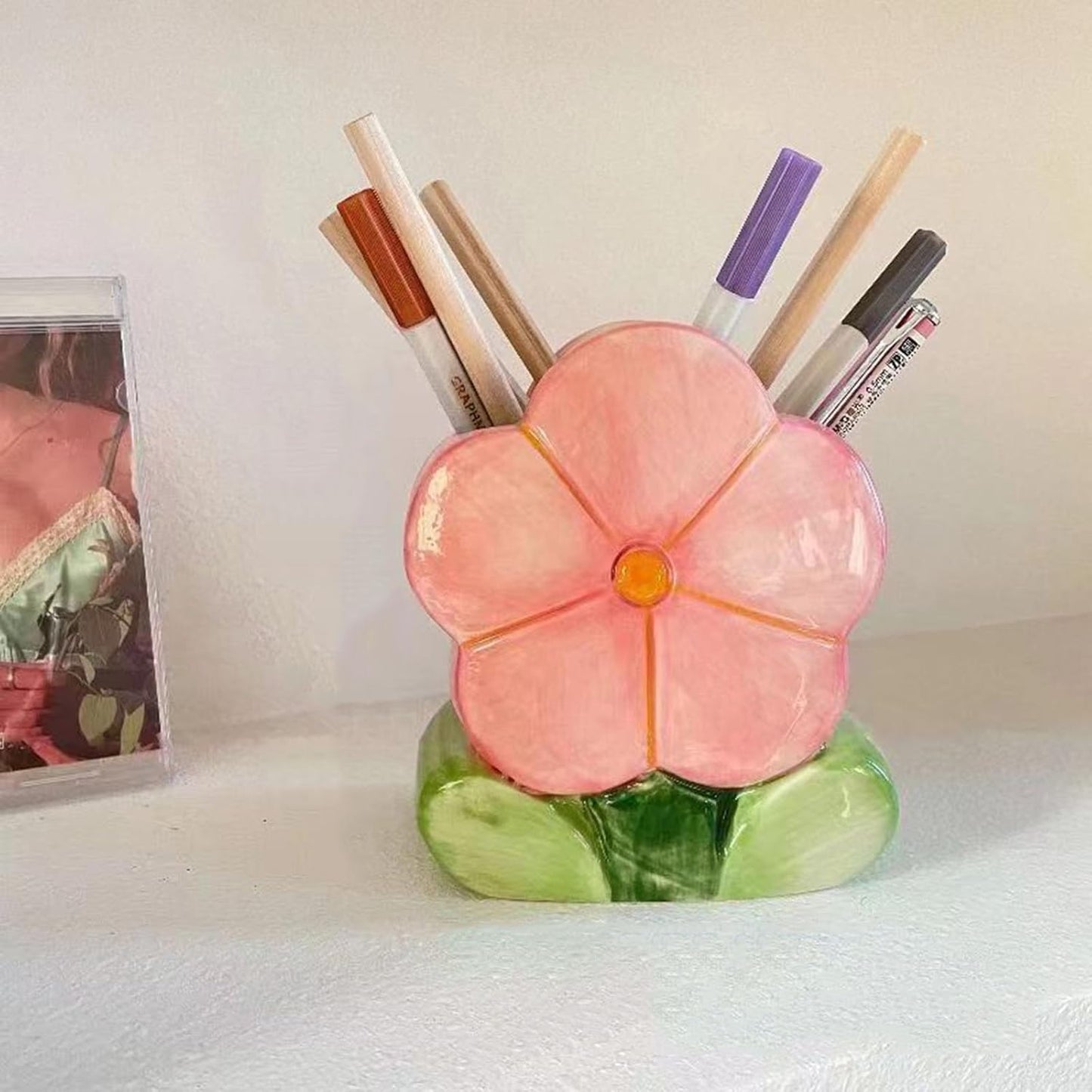 1 PC Flower Makeup Storage Box Ceramic Blossom Five Petals Pen Holder Pen Holder Desktop Storage Box (Blue)