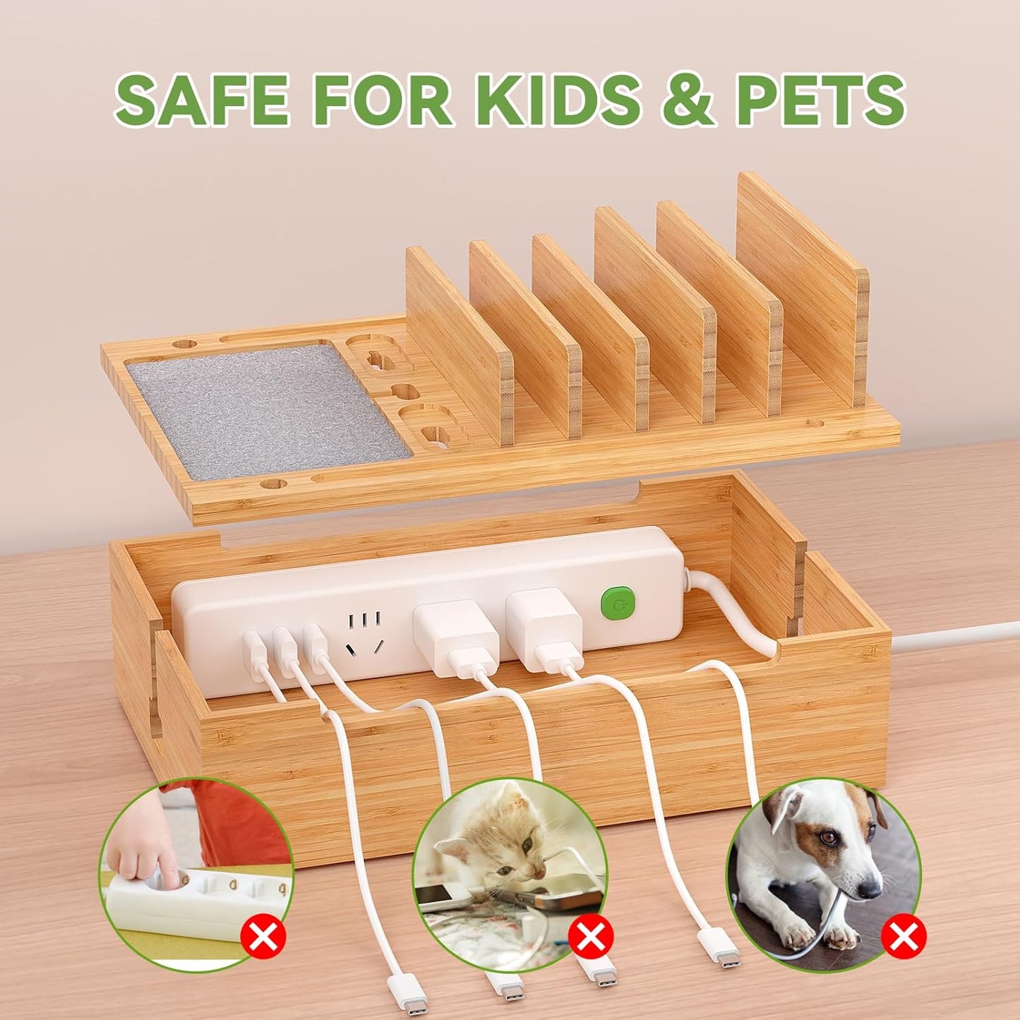 Pezin & Hulin Bamboo Charging Station for Multiple Devices, USB Charger Dock Organizer, with Power Supply (10 Ports HUB), 6 Cables, Cable Management Organizer for Cell Phones, Tablets -Natural+White