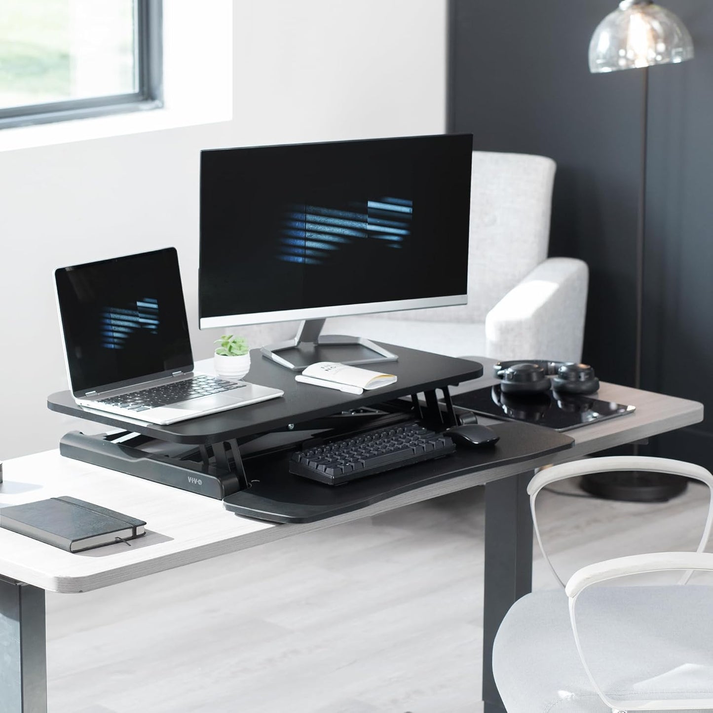 VIVO 26 inch Desk Converter, K Series, Height Adjustable Sit to Stand Riser, Dual Monitor and Laptop Workstation with Keyboard Tray, Black, DESK-V026KB
