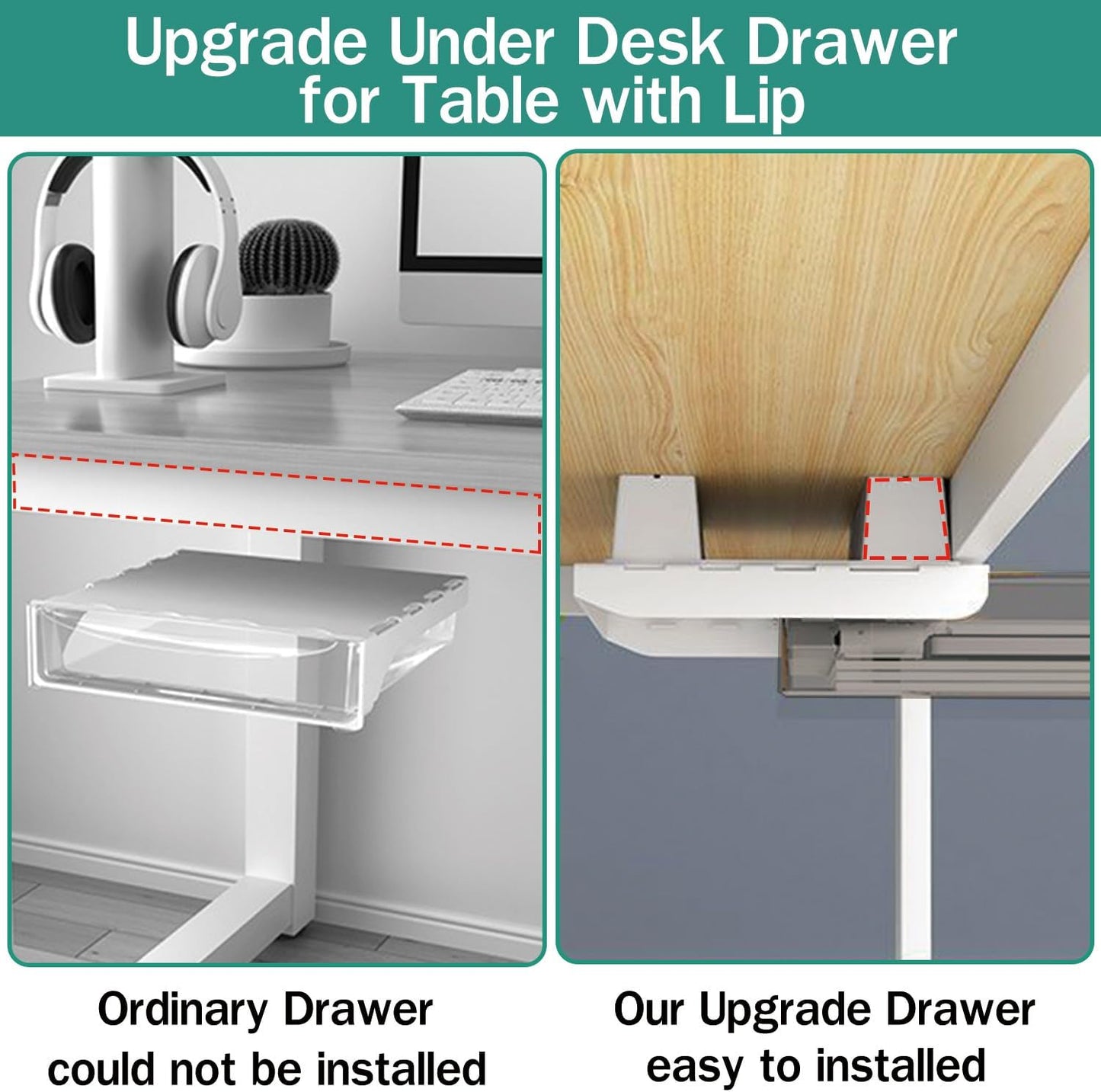 SVNNELP 2 Pack Upgrade Under Desk Drawer for Table with Lip,Office Attachable Plastic Desktop Accessories & Workspace Organizers,Hidden Under Table Desk Storage Organizer Pencil Tray Drawer Slide Out