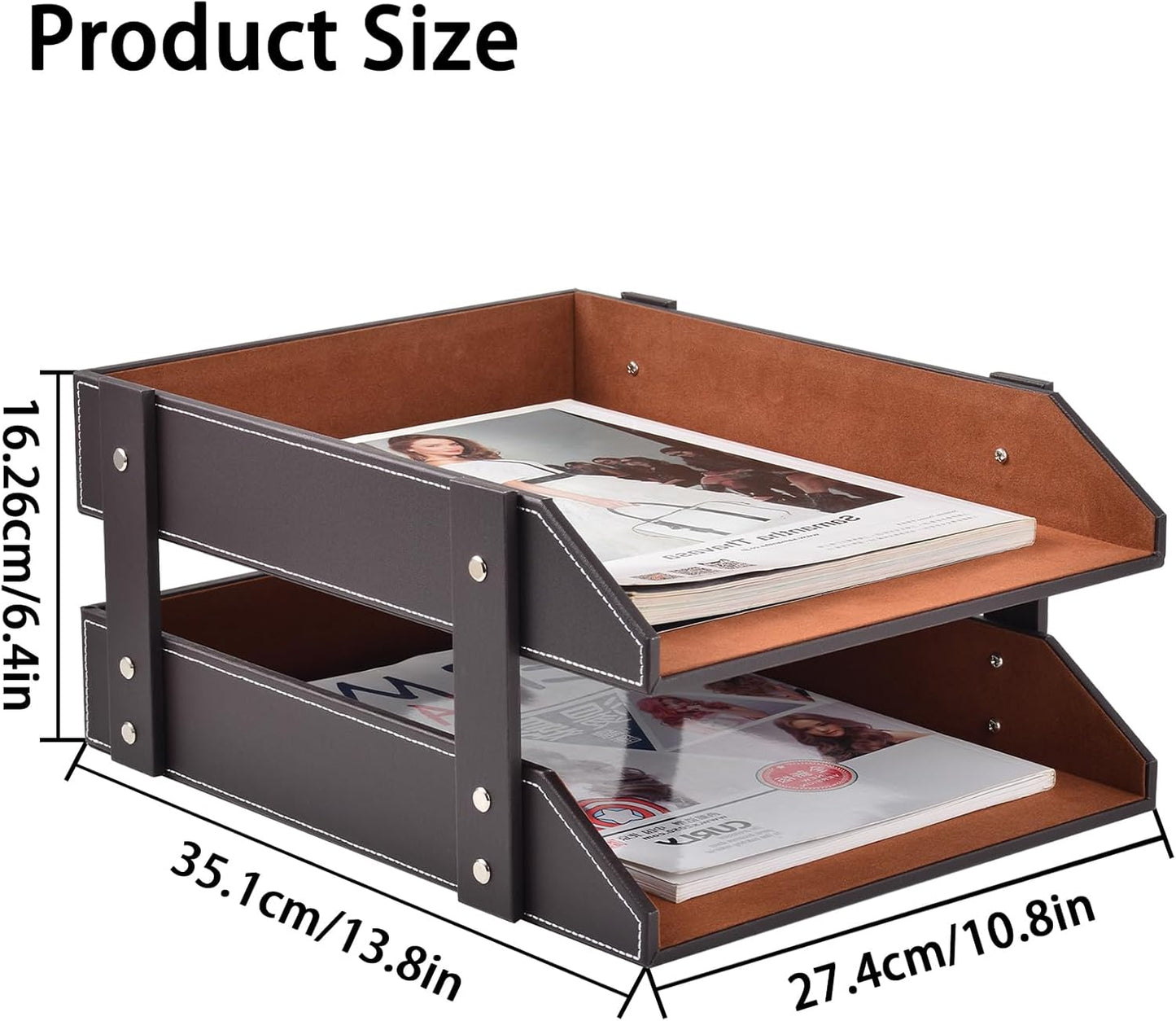 Leather Desk Organizer,2-Tier Stackable Letter Tray Holder,Office Supplies Desktop Storage Box for Document,Stationery,Magazines,Newspapers,Letters and Other Home Office Paper Sundries,Black