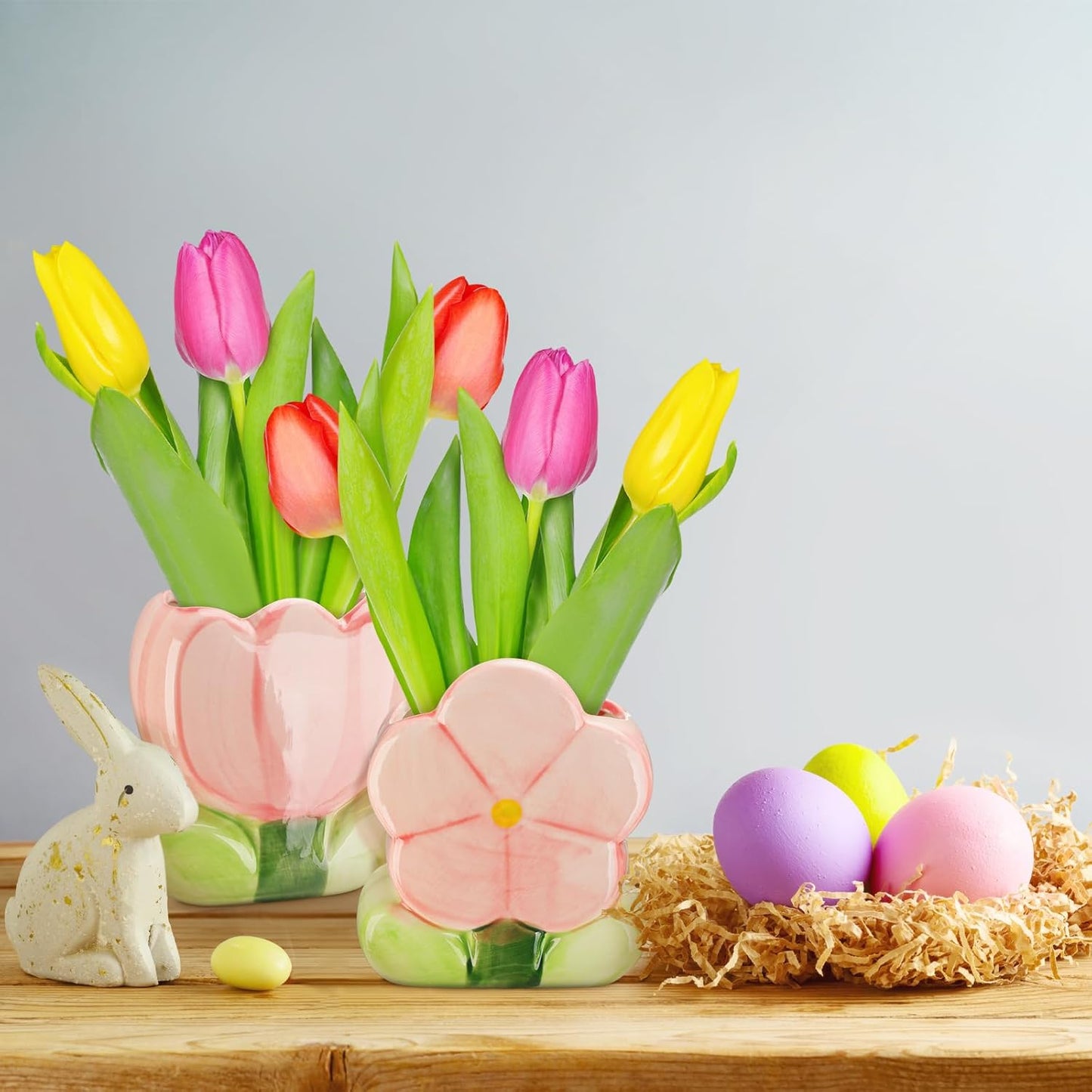 2 Pcs Pink Flower Ceramic Pen Holder Cute Tulip Pencil Holder Aesthetic Flower Makeup Brush Vase Decorative Desktop Organizer Birthday Gift for Women Office Home Wedding Party Decor
