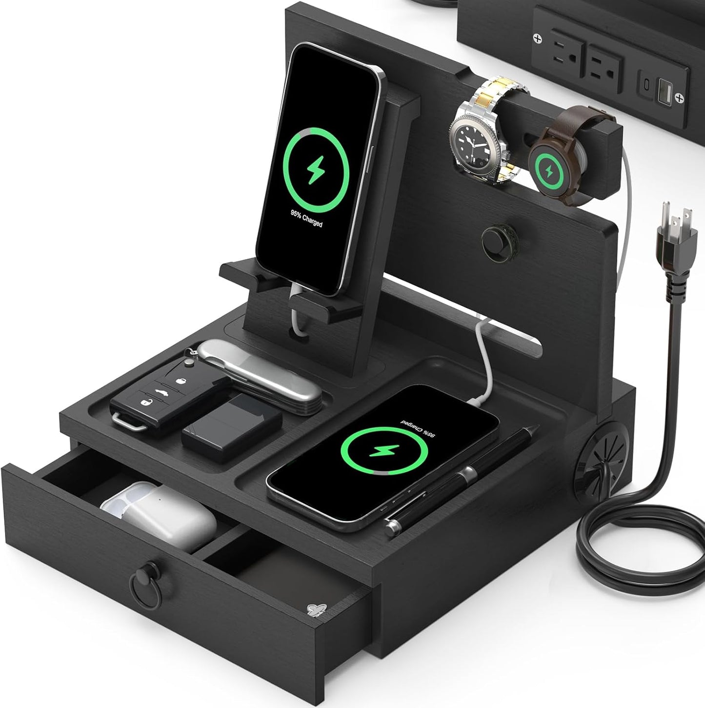 Wood Phone Docking Station with USB Ports and Outlets, Nightstand Organizer with Charging Station, Bedside Organizer with Drawer for Watch & Accessories, Christmas Anniversary Birthday Gifts for Men