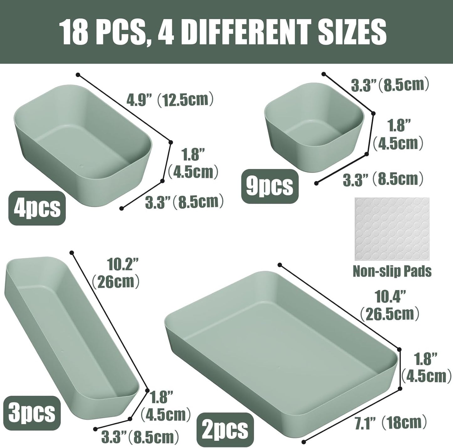 Plastic Drawer Organizers, 10 PCS Drawer Organizer Bins, Bathroom and Vanity Organizer Plastic Tray, Makeup organizer and storage for Makeup, Bedroom, Kitchen Gadgets Utensils and Office (Green)