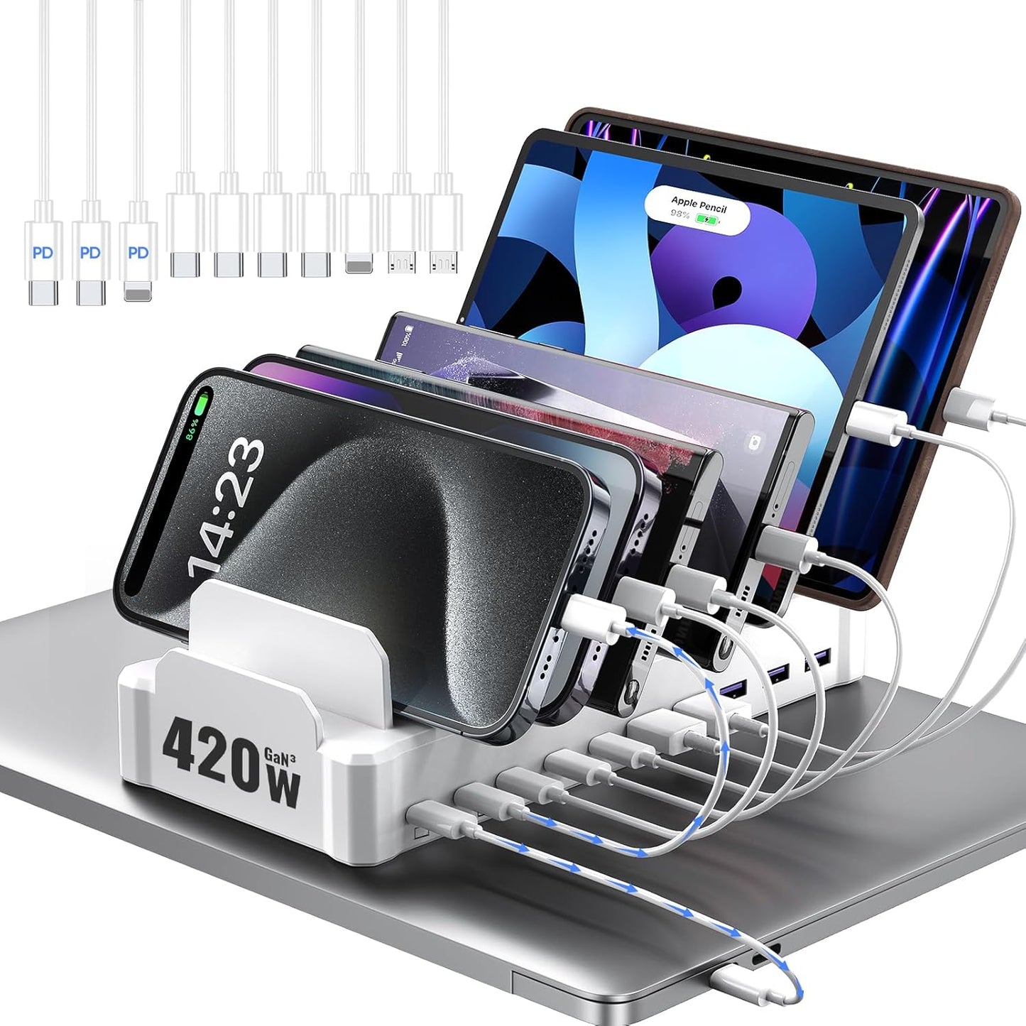 420W Charging Station for Multiple Devices, Zobirez 10-Port USB C Fast Charger Stations for MacBook, iPhone, Android Cell Phone, iPad, Tablet, Family Multi-Device Organizer Charging Dock, Black