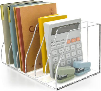 Acrylic Magazine File Holder, 4 Vertical Compartments Desk Document Sorter Organizer, Clear Folder Rack Binder for Office, Documents, Tablets, Magazines, Books – Home/Classroom Rack