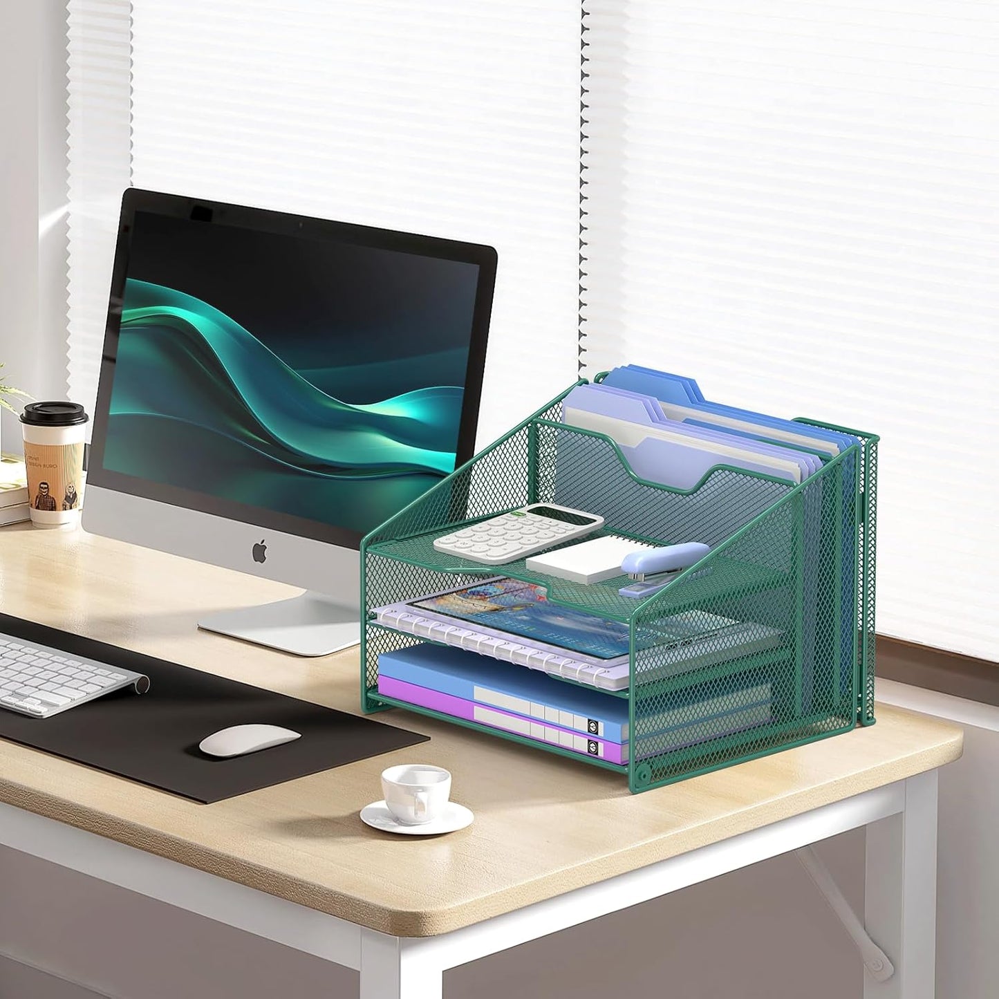 Samstar Desk File Organizer, Mesh Letter File Folder Holder with 3 Paper Trays and 2 Vertical Upright Section, for Office Supplies,Desk Accessories & Workspace,Black.