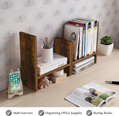 Jerry & Maggie Desktop Organizer Office Storage Rack Adjustable Wood Display Shelf Free Style Double H, Multi-Functional Mini Bookshelf for Desk Natural Stand (Natural Wood Tone)
