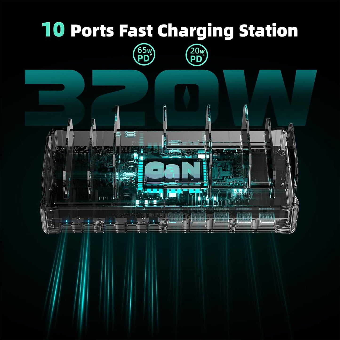 420W Charging Station for Multiple Devices, Zobirez 10-Port USB C Fast Charger Stations for MacBook, iPhone, Android Cell Phone, iPad, Tablet, Family Multi-Device Organizer Charging Dock, Black