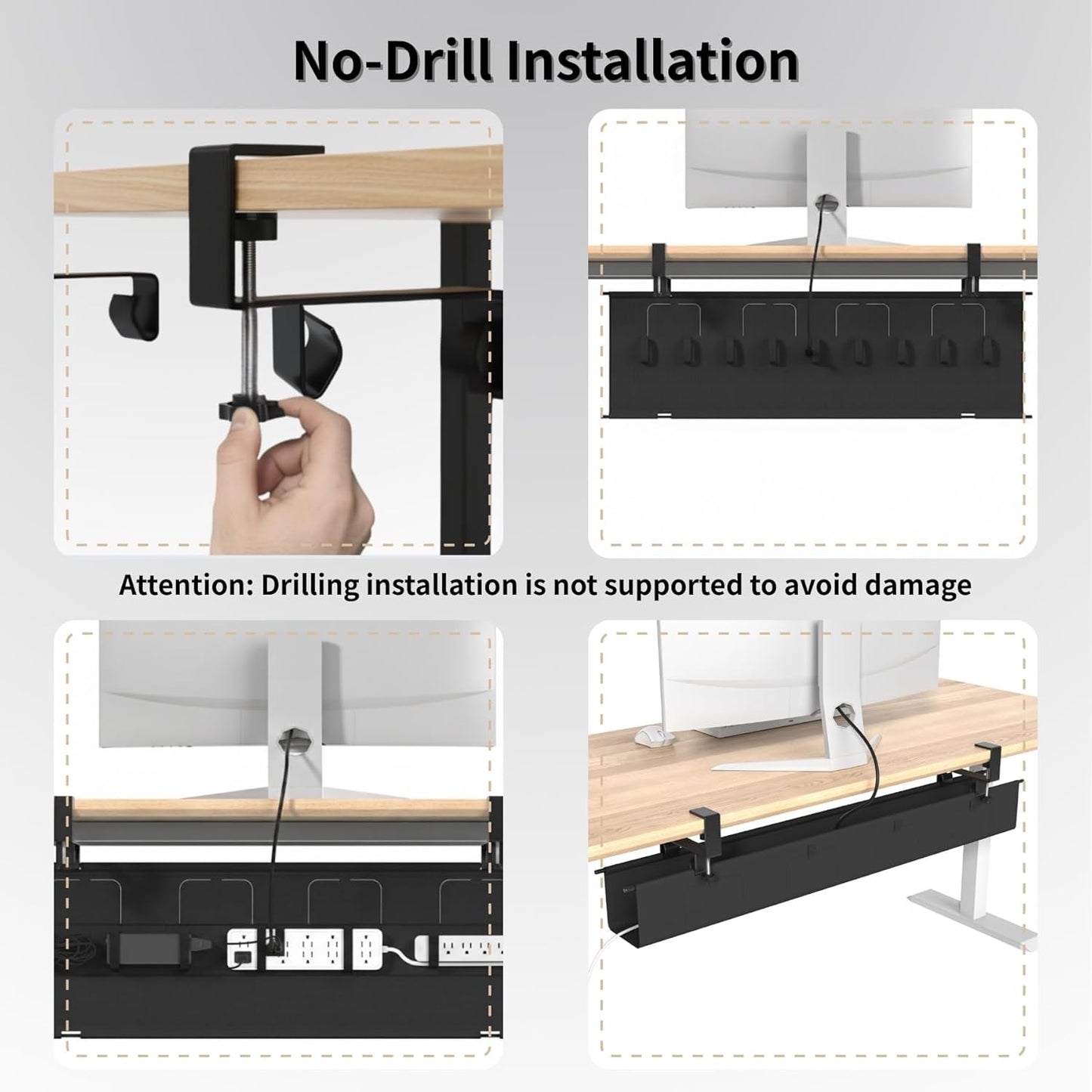 Under Desk Cable Management Tray, 36” Fabric No Drill Clamp Mount Cord Organizer for Desk, Heavy Duty Wire Management for Office Home, Black
