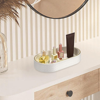Hipiwe Perfume Trays PU Leather Vanity Tray for Dresser Bathroom Valet Trays Oval Desk Tray Jewelry Dish Holder Decorative Catchall Trays Nightstand Organizer, Beige