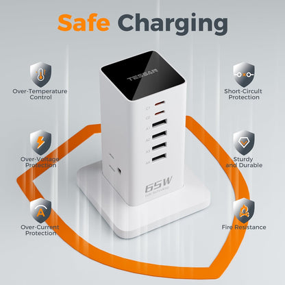 Charging Station for Multiple Devices, TESSAN 9-in-1 USB C Power Strip for iPhone 17/16/15, MacBook, Tablet, Desktop Phone Fast Charger with 3 AC, USB Charger, Home Drom Office Accessories, White-65W