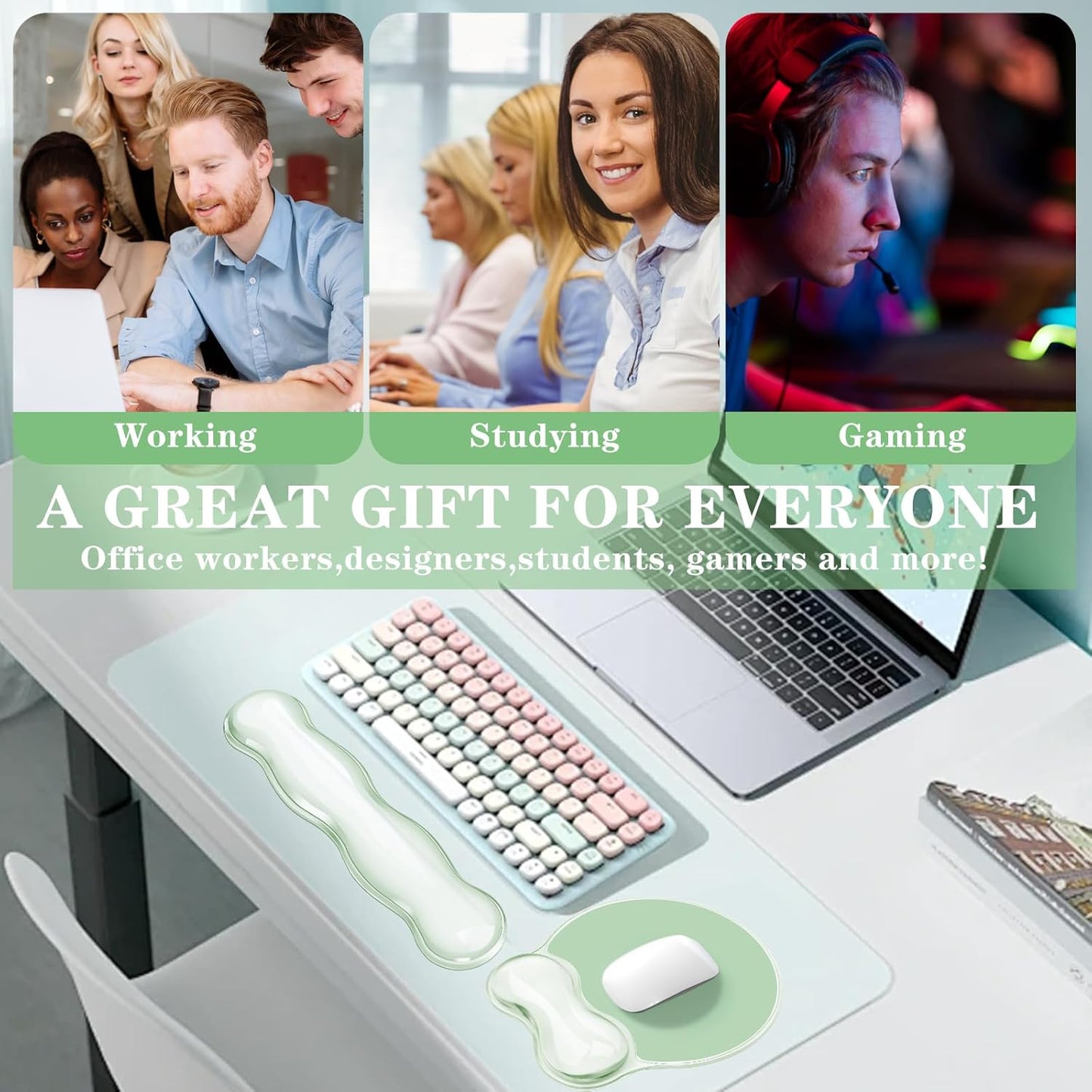 Wrist Rest for Keyboard- Ergonomic Gel Keyboard Wrist Rest and Mouse Pad Set, Non-Slip PU Base for Office, Laptop & Gaming - Green