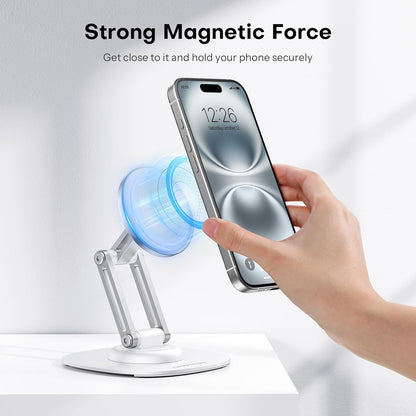 OMOTON 360°Rotating MS04 Magnetic Phone Stand for Desk, Adjustable Foldable Aluminum for MagSafe Cell Phone Stand Holder with Non-Slip Base, for iPhone 17/16/15/14 Pro Max Air, Black