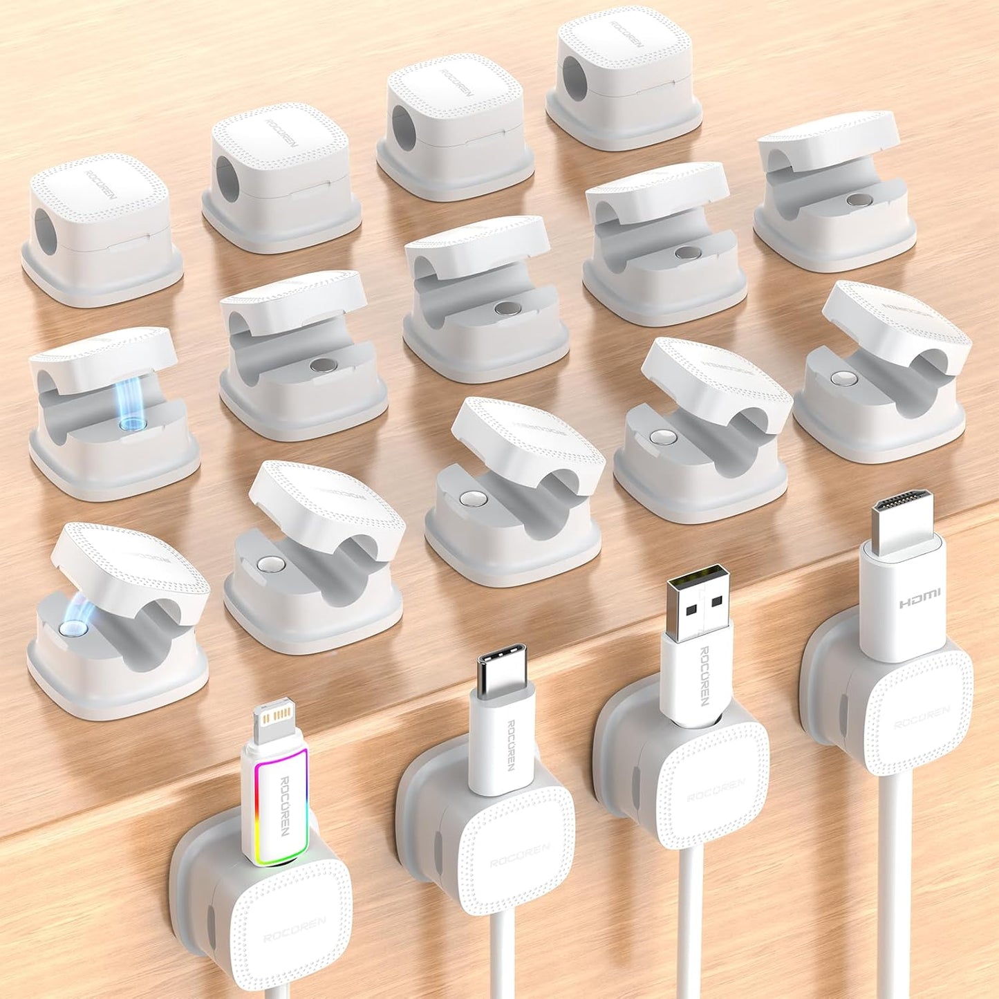 6-Pack Magnetic Cable Clips, Rocoren Smooth Adjustable Adhesive Cord Organizer, Desk Cable Management Wire Holder Keeper Cables Staples for Nightstand Home Office Desk Car Phone Wall Desktop
