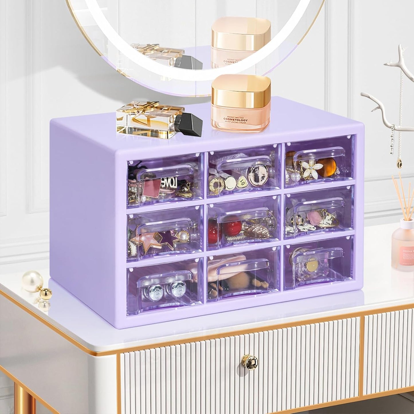Desk Storage Organizer with 9 Drawers, MYKASEN Clear Plastic Storage Cabinet, Stackable Desk Storage Box for Makeup Office Craft Hardware Art Supplies, 9.8x6.3x5.9inch(White)