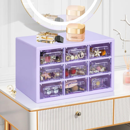 Desk Storage Organizer with 9 Drawers, MYKASEN Clear Plastic Storage Cabinet, Stackable Desk Storage Box for Makeup Office Craft Hardware Art Supplies, 9.8x6.3x5.9inch(White)